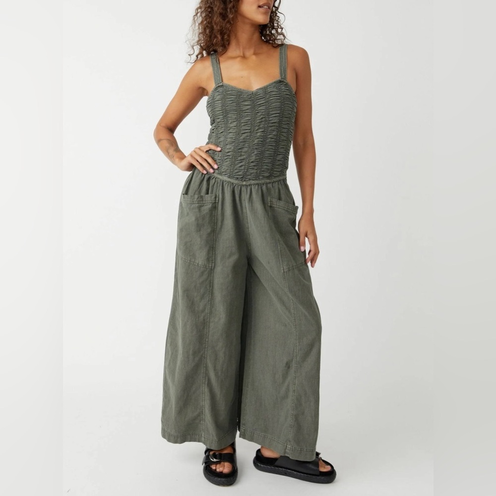 Free People Forever Always Cotton Wide Leg Jumpsuit Green